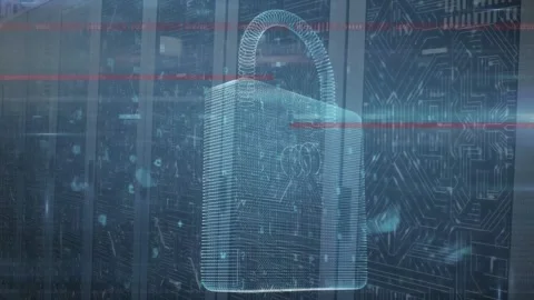 Animation of security padlock icon, microprocessor connections and data Vídeo Stock 236965068