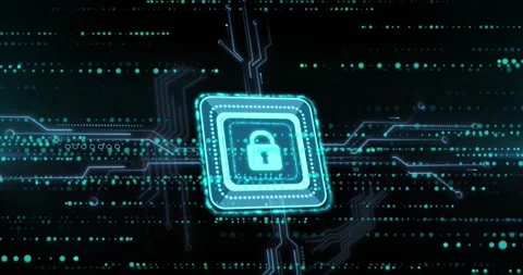 Animation of security padlock icon, microprocessor connections and glowing light Vídeo Stock 247919679