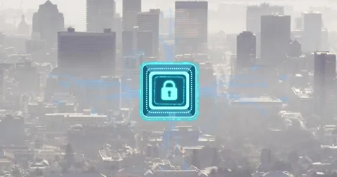 Animation of security padlock icon with microprocessor connections against Vídeo Stock 327202501