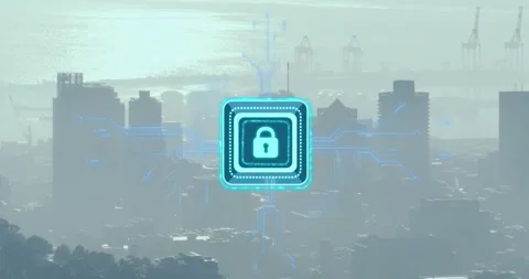 Animation of security padlock icon with microprocessor connections against Video stock 330251272