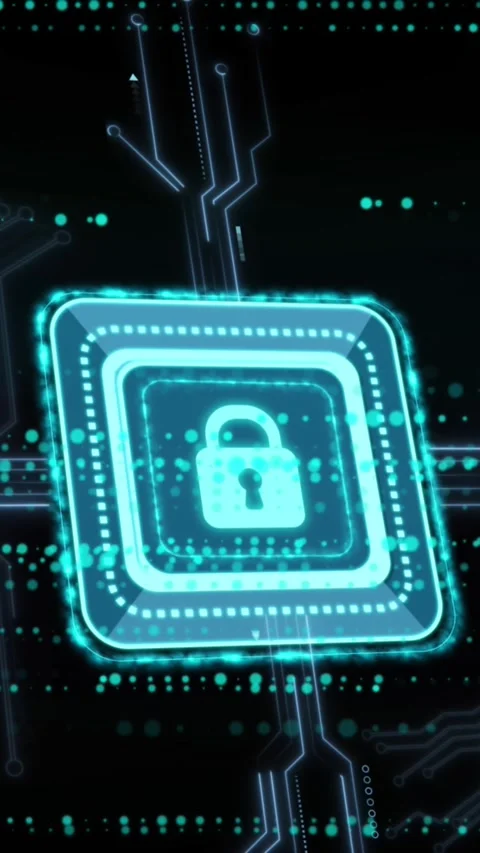 Animation of security padlock icon, microprocessor connections and glowing light Stock Footage 344679151