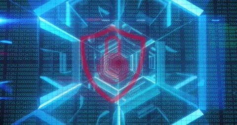 Animation of security padlock icon over blue tunnel in seamless pattern against Stock Footage 221007823