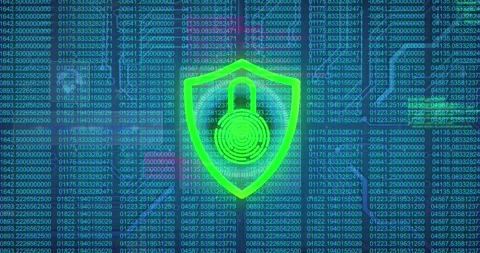 Animation of security padlock icon over data processor, round scanner and Video stock 236961498