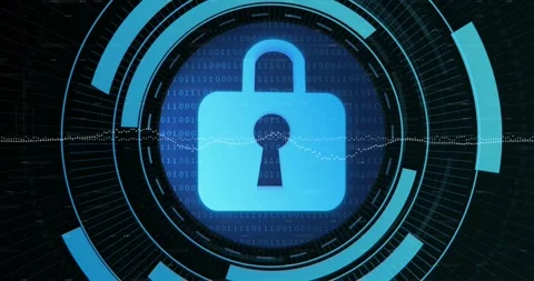 Animation of security padlock icon over round scanner against binary coding data Stock Footage 247124652
