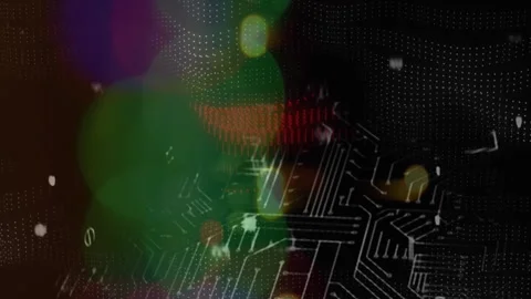 Animation of security padlock icon over microprocessor connections against night Stock Footage 313295663