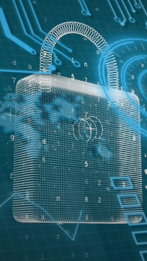 Animation of security padlock icon over round scanner and microprocessor Stock Footage 322954465