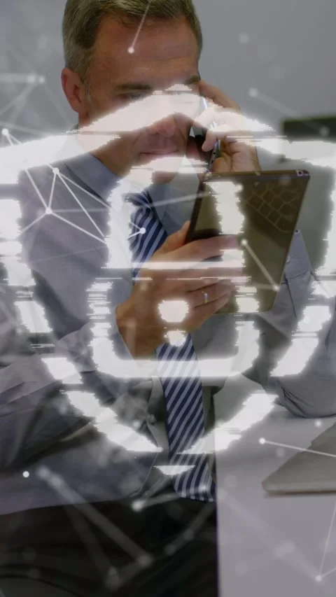 Animation of security padlock icon over caucasian businessman talking on Stock Footage 322955202