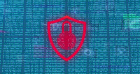 Animation of security padlock icon over binary coding data processing against Stock Footage 326875090