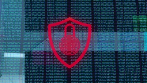 Animation of security padlock icon over binary coding data processing against Stock Footage 327004121