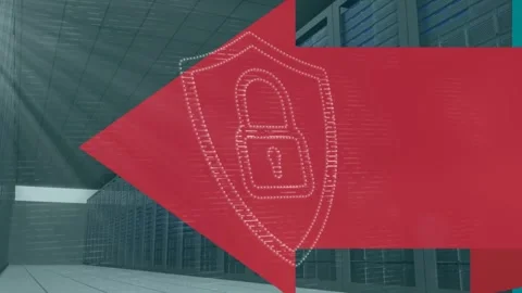 Animation of security padlock icon over red arrow against computer server room Stock Footage 328934187