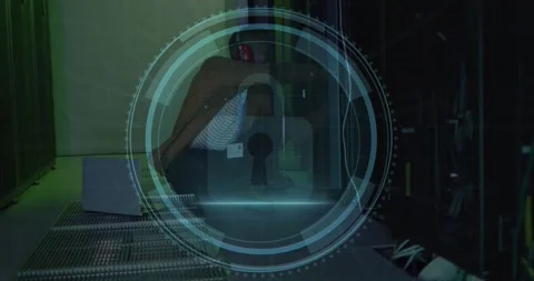 Animation of security padlock icon over african american male engineer working Stock Footage 329499502