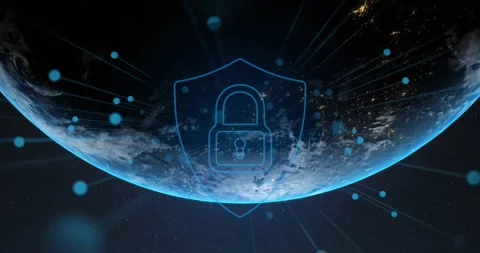 Animation of security padlock icon over globe against blue background Stock Footage 329854692