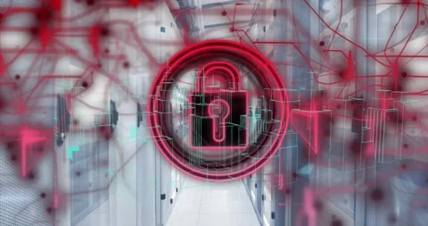 Animation of security padlock icon over 3d city model spinning against computer Stock Footage 330732068
