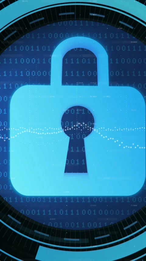 Animation of security padlock icon over round scanner against binary coding data 動画素材 343955892