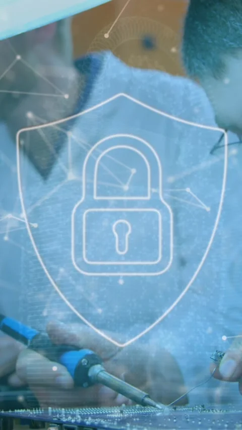 Animation of security padlock icon over caucasian male engineer soldering Stock Footage 344525575