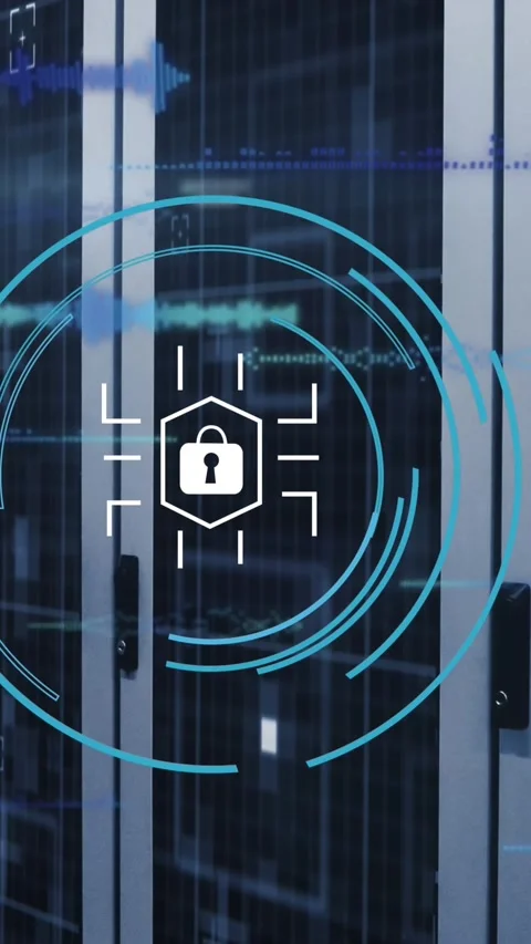 Animation of security padlock icon over round scanner and data processing Stock Footage 344526000
