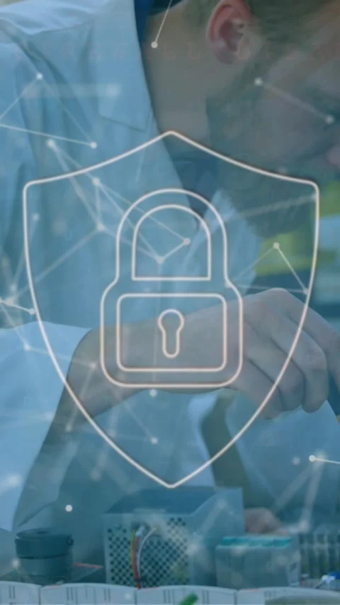 Animation of security padlock icon over caucasian male engineer soldering Stock Footage 344595541