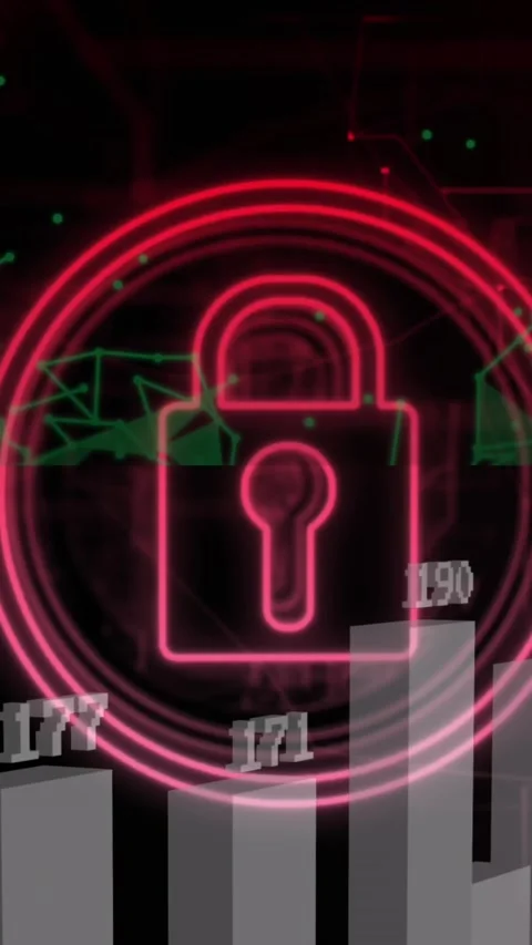 Animation of security padlock icon over statistical data processing and plexus Stock Footage 344783314