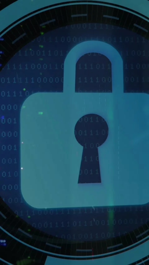 Animation of security padlock icon on round scanner and binary coding against Stock Footage 320854112