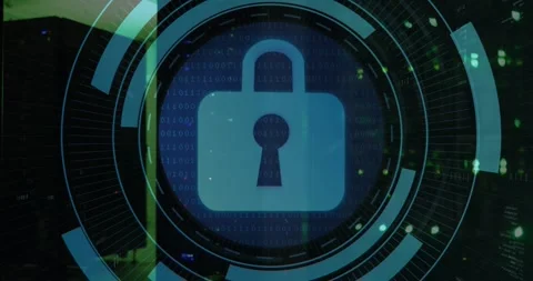 Animation of security padlock icon on round scanner against computer server room Stock Footage 330172571