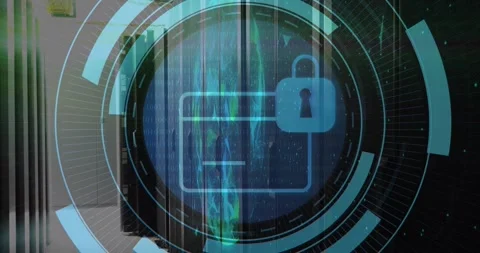 Animation of security padlock icon on round scanner and globe of plexus networks Stock Footage 330780248