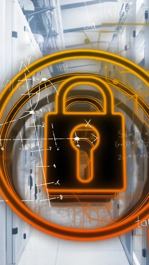 Animation of security padlock icon, yellow light trails, mathematical equations Stock Footage 320854114