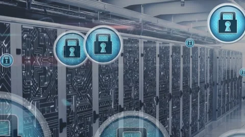 Animation of security padlock icons floating and microprocessor connections Vídeo Stock 249071380