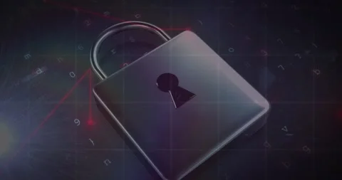 Animation of security padlock over data processing on dark background Video stock 326189692