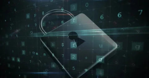 Animation of security padlock over data processing on dark background Video stock 328465684