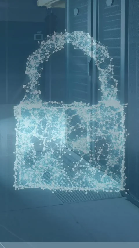 Animation of security padlock, shield and cloud icon and data processing against Stock Footage 344693191
