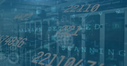 Animation of security warning text and data processing over computer server Stock Footage 328412642