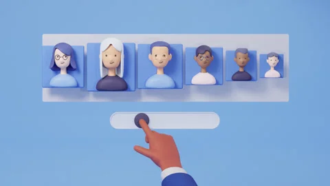 Animation of selecting a person, headhunter. 3d render. Hiring concept Stockbeeldmateriaal 298270801