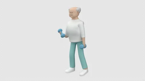 An animation of a senior man character doing biceps curls with dumbbells Stock Footage 326054361