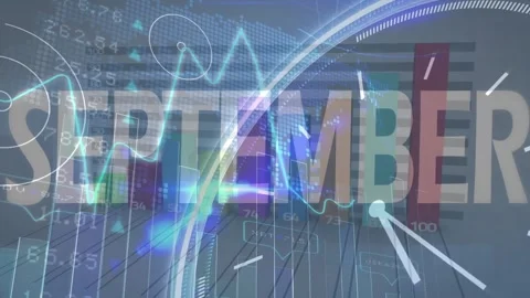 Animation of september texts over multiple graphs, clock, numbers and map over Stock Footage 328645815
