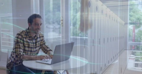 Animation of server room and programming language over caucasian man working Stock Footage 327277265