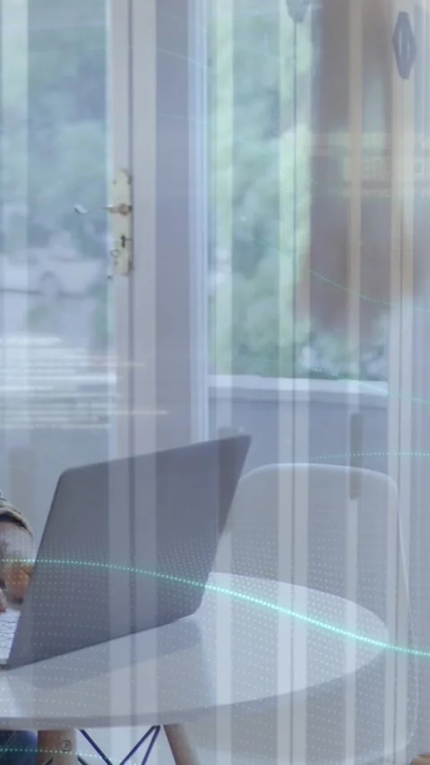 Animation of server room and programming language over caucasian man working 動画素材 343028047