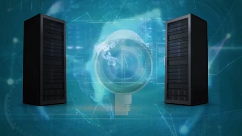 Animation of servers over globe and security camera on blue background Stock Footage 329568603