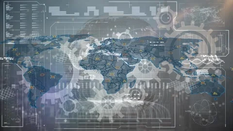 Animation of setting icons spinning over digital interface with data processing Stock Footage 203847100