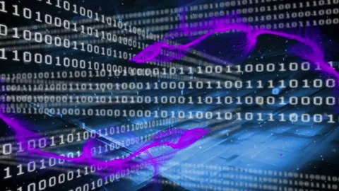 Animation of shapes and binary coding on black background Stock Footage 329848771