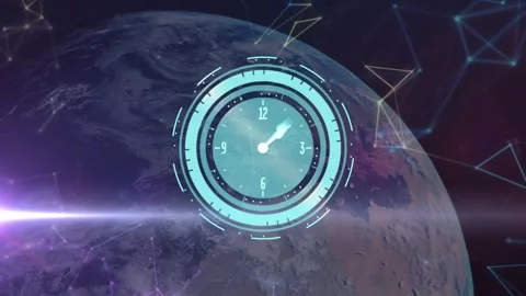 Animation of shapes and clock moving over rotating globe Video stock 329695096