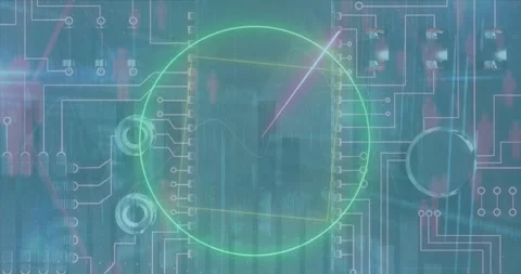 Animation of shapes and computer circuit board over data processing on green Stock Footage 330051669