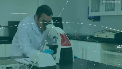 Animation of shapes and data processing over biracial male scientist working in Stock Footage 308439073