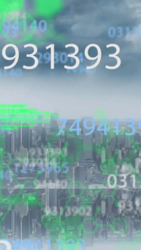 Animation of shapes and numbers over cityscape and data processing Stock Footage 344679686