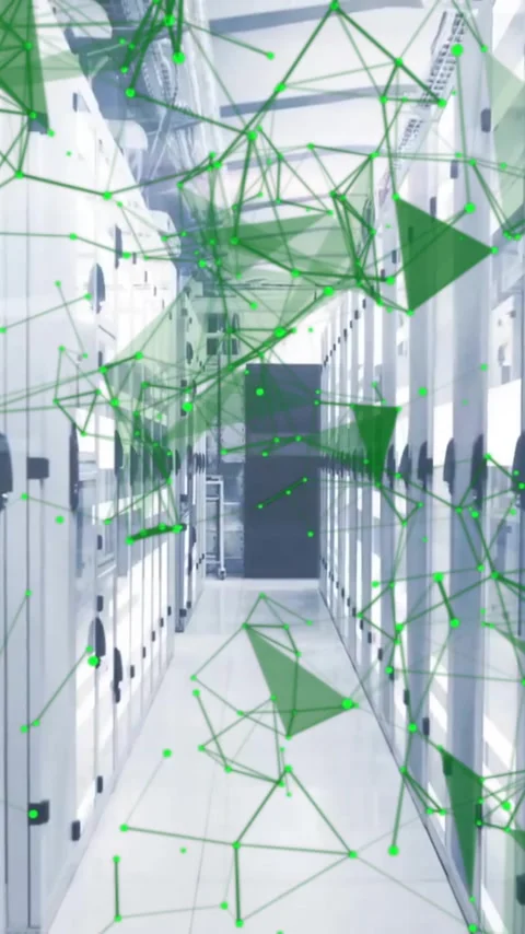 Animation of shapes and white lines over server room Video stock 323488250
