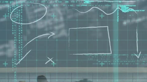 Animation of shapes, arrows and programming language over diverse male opponents Video stock 327965185