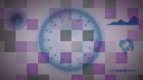 Animation of shapes, globe and graphs on space with purple squares Stock Footage