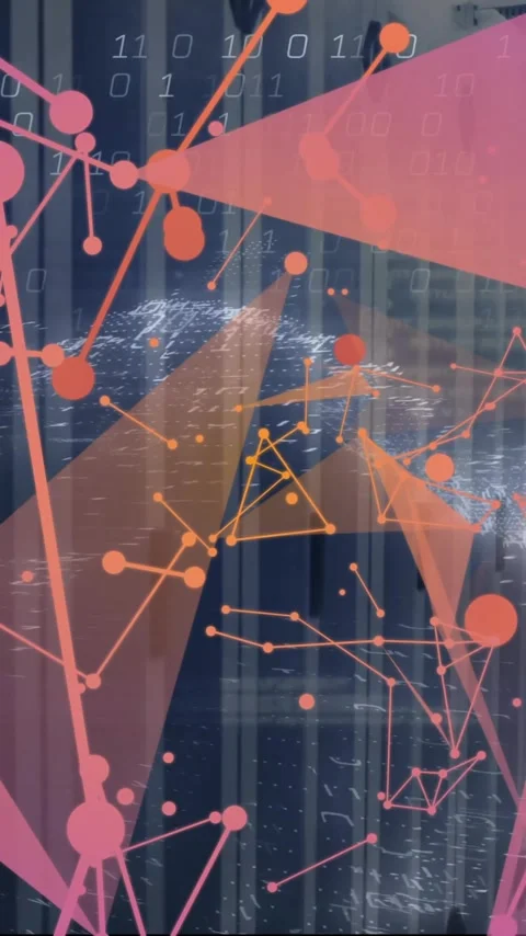 Animation of shapes moving and binary coding over server room Video stock 342915521