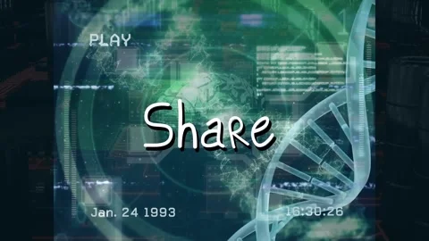 Animation of share text, interference, dna strand and data processing over Stock Footage 329362039