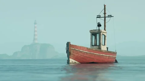 Animation of the shark swimming around old fishing boat in the ocean bay. Danger Stock Footage