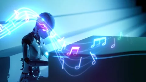 Animation of sheet music with  artificial intelligence robot play on piano.  Stock-Footage 246679829